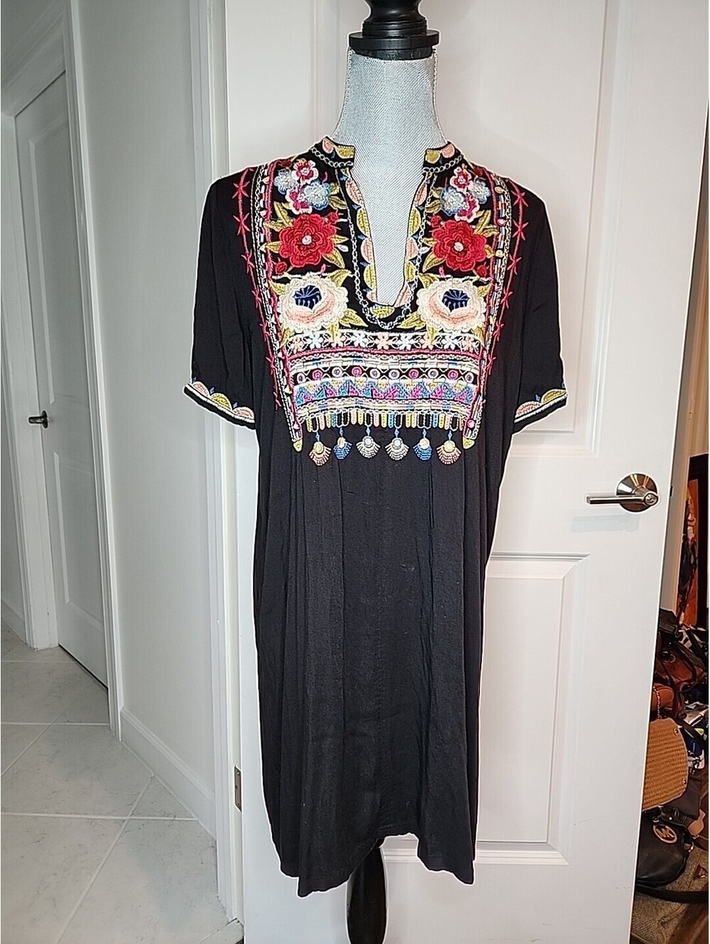 Johnny Was Embroidered Dress Women's Sz S Workshop Black Silk Blend Floral
